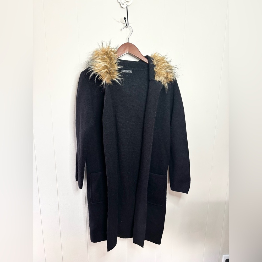 Keniston black heavy weight cardigan sweater duster jacket open size M hooded